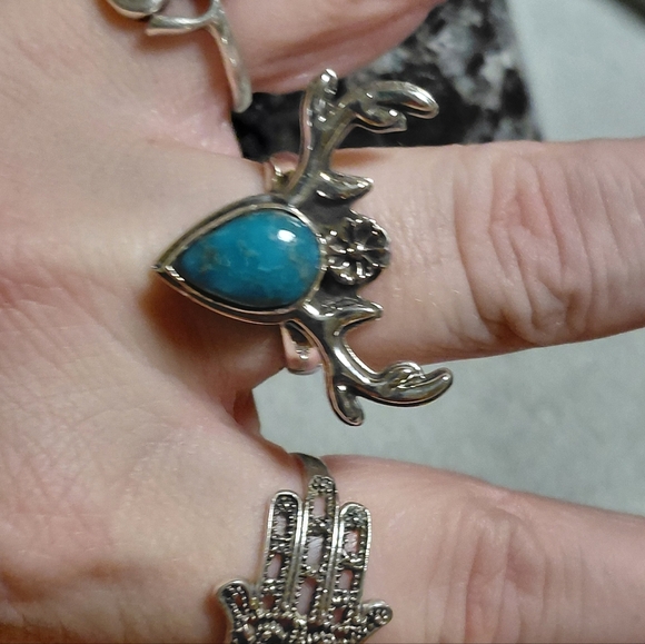 Silver Antler Deer Turquoise Ring Size 7.25 - Picture 8 of 13